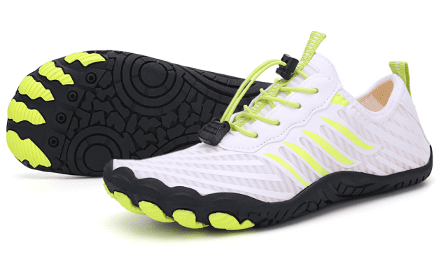 White and neon green barefoot shoes